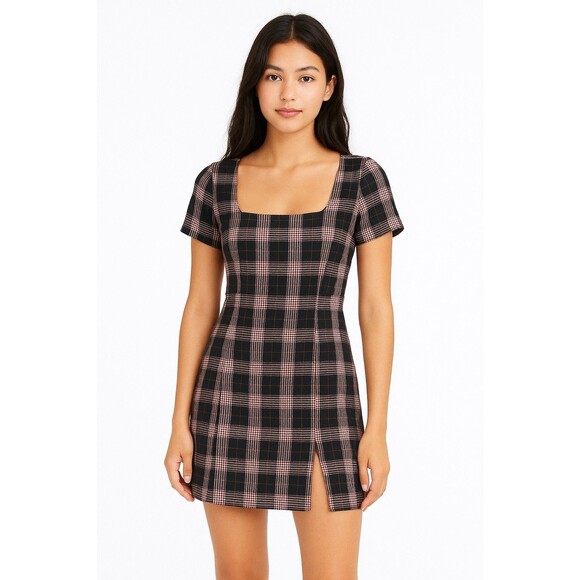 Plaid 90s Grunge Short Dress Womens Small Square Neck By Wild Honey Clueless - Picture 1 of 12